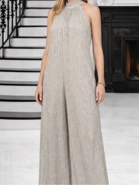 MSK Women's Metallic Silver Gold Halter Jumpsuit Sz Large Wide Leg  Halter-Neck